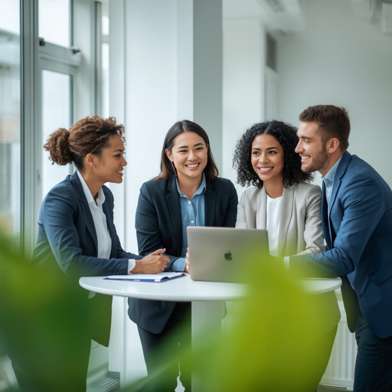 Equipo profesional colaborando en una oficina moderna durante una evaluación de riesgos psicosociales mediante encuestas digitales