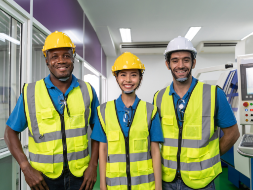 Tres trabajadores sonrientes con cascos y chalecos reflectantes en un entorno industrial.