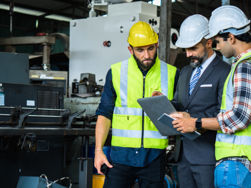 Tres trabajadores en un entorno industrial revisan información en una tablet.