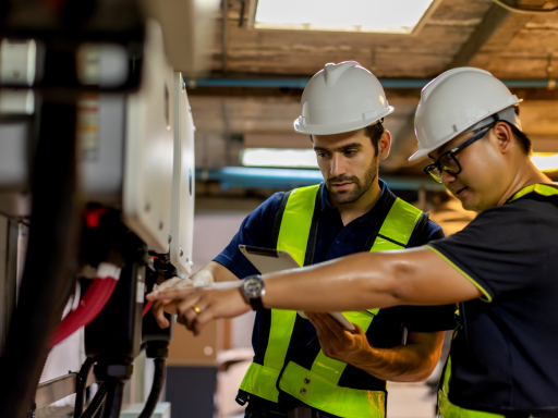 Dos técnicos en cascos y chalecos de seguridad revisan un panel eléctrico.