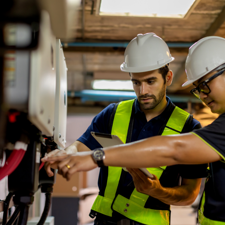 Dos trabajadores con cascos y chalecos reflectantes revisan un equipo en un entorno industrial.
