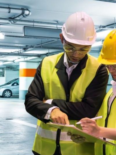 Trabajadores en inspección Dos trabajadores con cascos y chalecos reflectantes revisan documentos en un aparcamiento.
