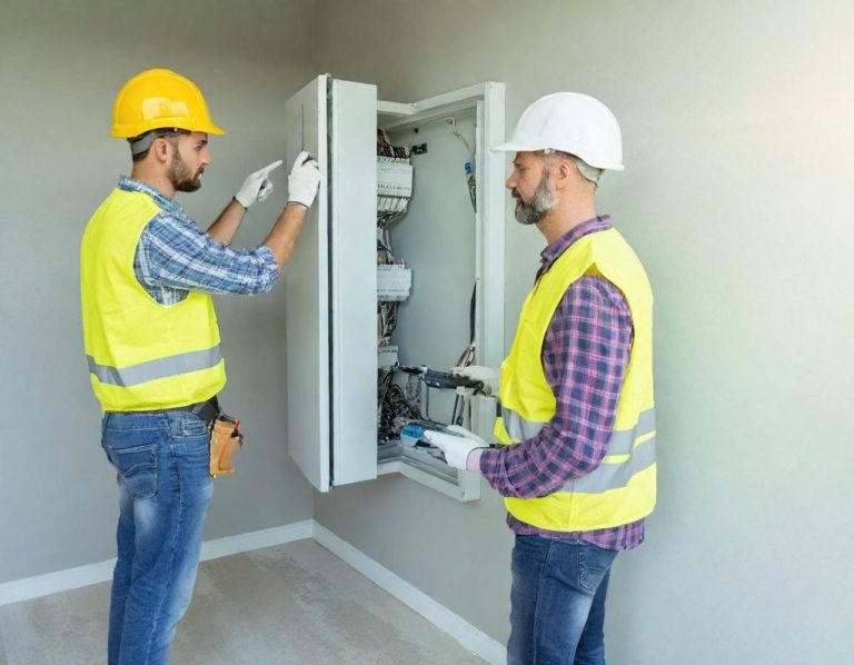 Técnicos en casco y chaleco trabajan en un panel eléctrico en una construcción.