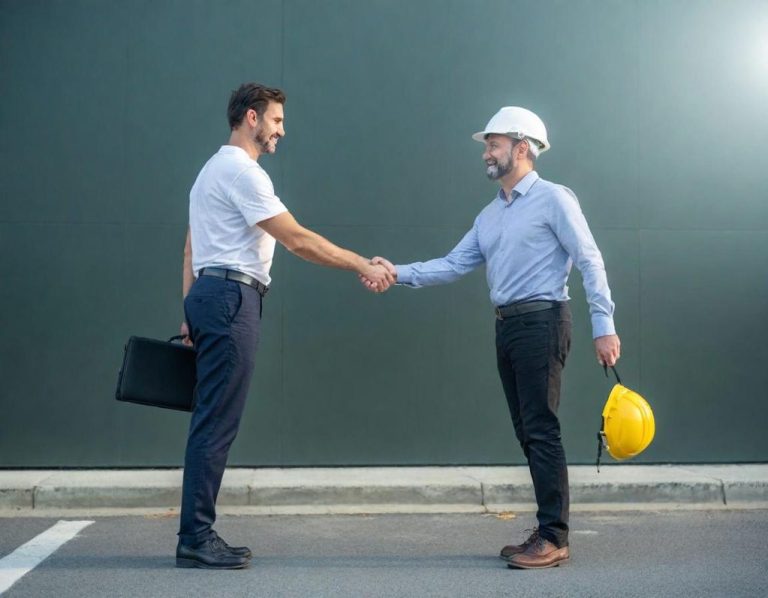 Dos hombres se estrechan la mano; uno lleva casco de construcción y maletín.