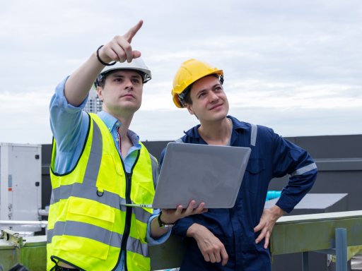 Dos trabajadores en un sitio de construcción, uno señala hacia el horizonte mientras sostiene una laptop.