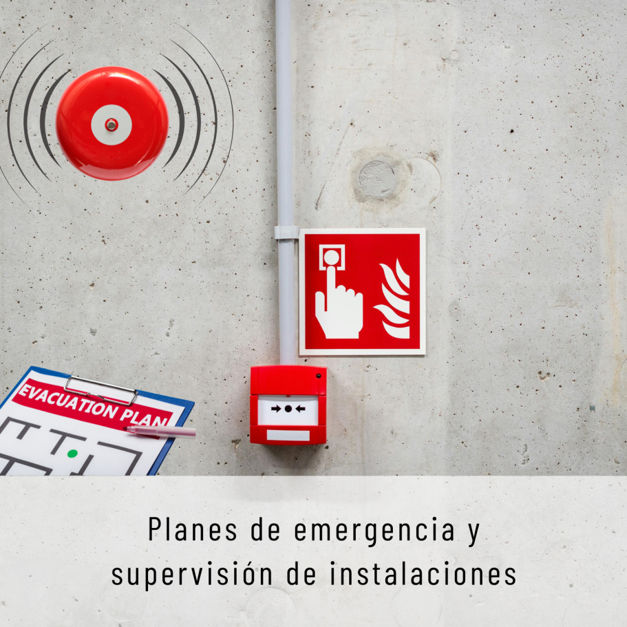 Señalización de emergencia con alarma, botón de alarma y plano de evacuación.