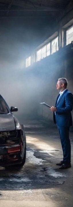 Hombre de negocios en traje azul observando un coche después de un incendio.